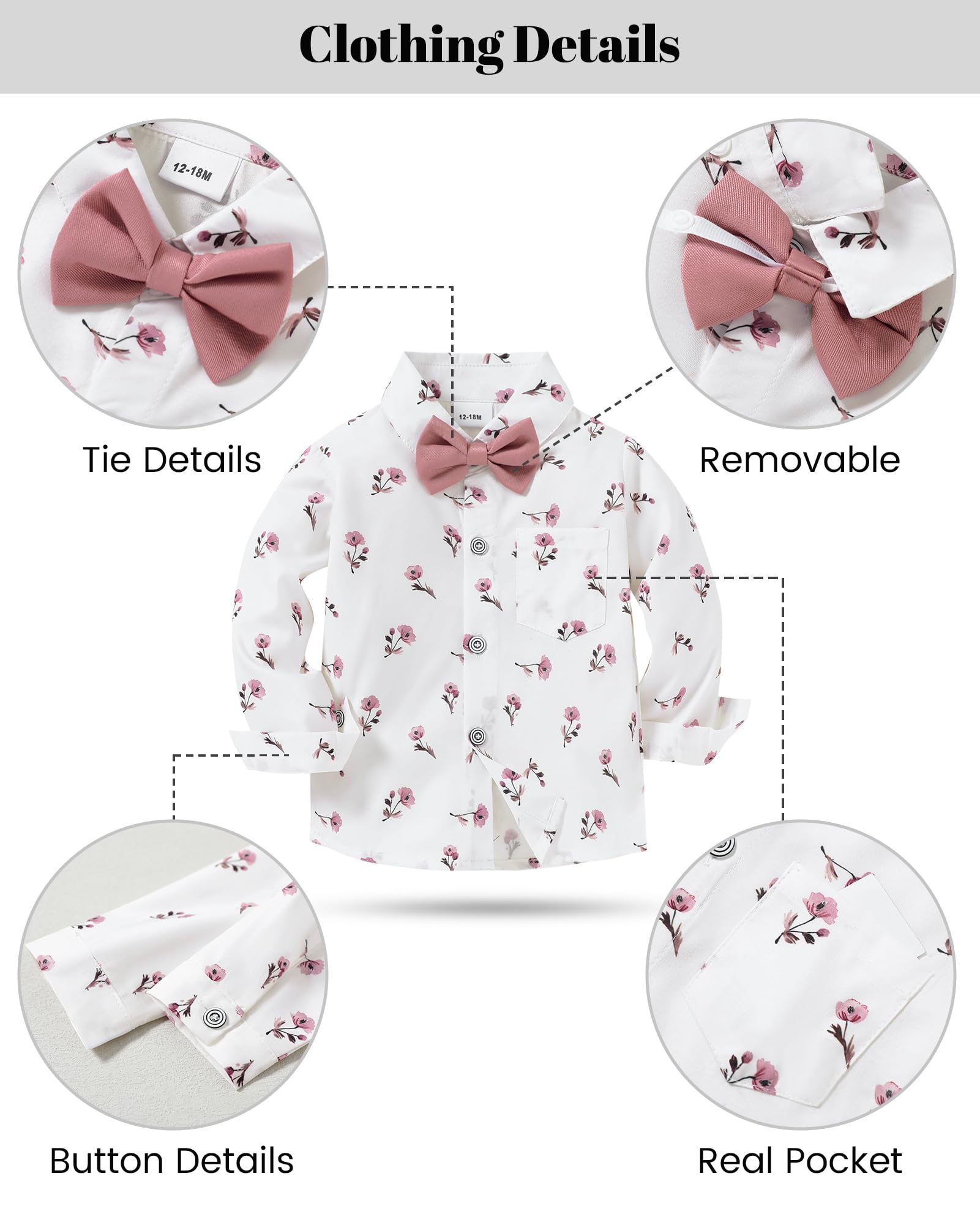 nilikastta Baby Boys Wedding Outfit White Pink Flower Dress Shirt Sakura Pink Suspender Pants Baby Boy Church Outfit 4t 5t 4-5t
