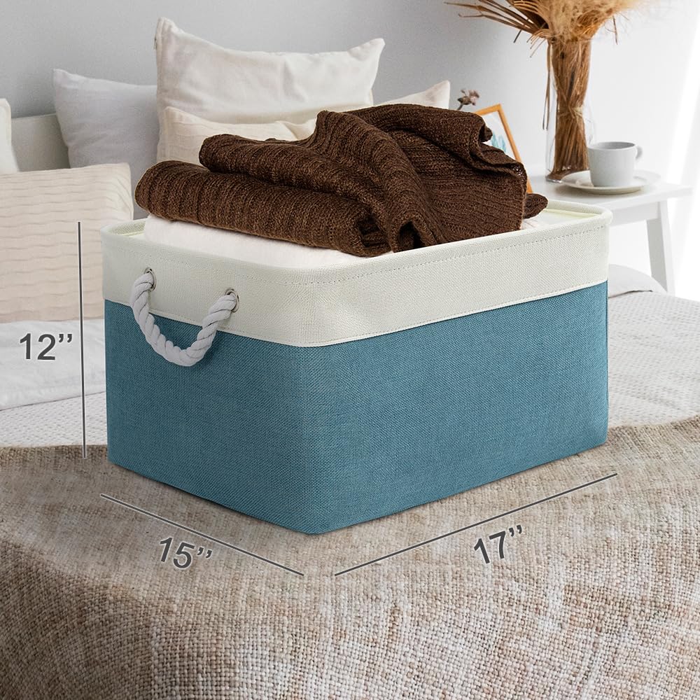 Sacyic Storage Basket for Organizing - 17X15X12 inch 2 Pack Canvas Storage Bin for Shelves, Fabric Storage Cubes for Cloth Decorative Books Nursery (White & Green)