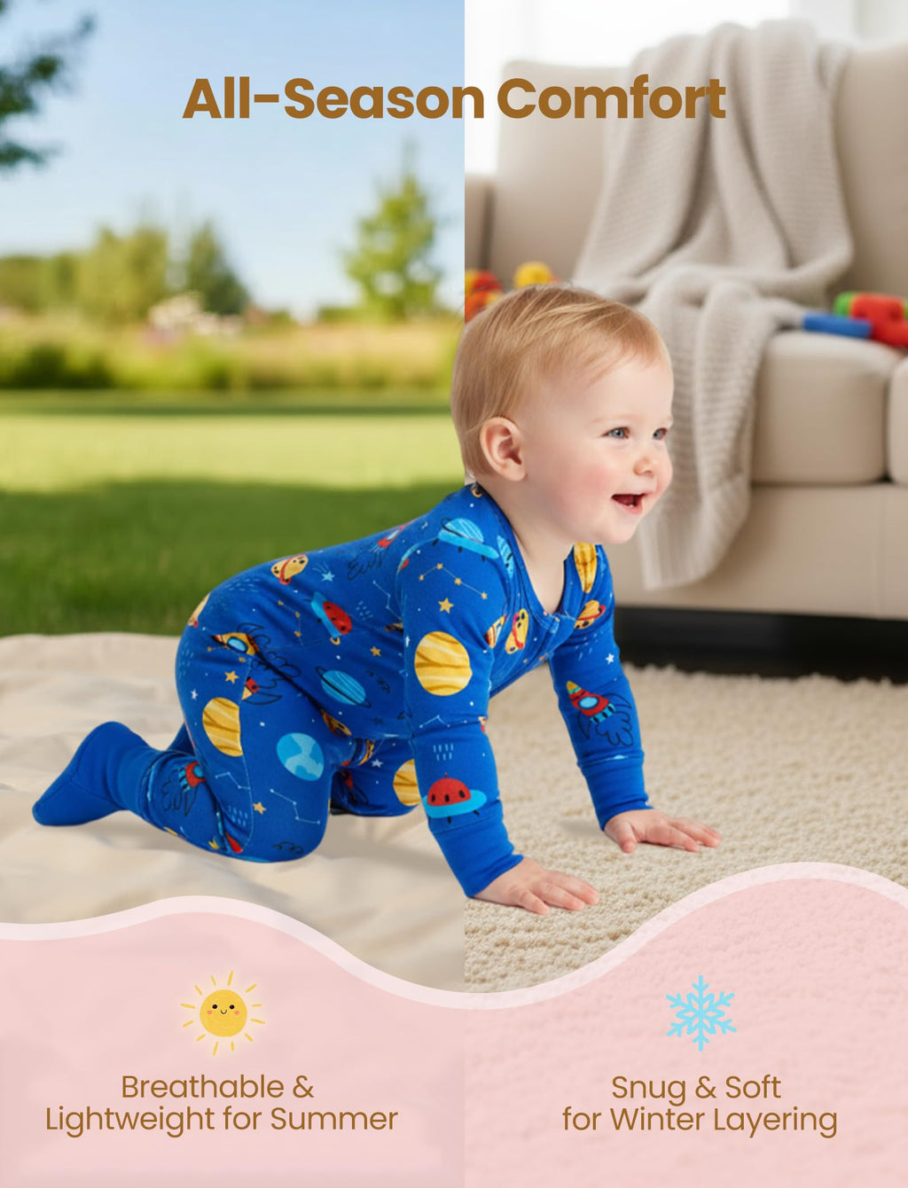 PATPAT Baby Footies Boys Girls - Bamboo Viscose - 2 Way Zipper & Non-Slip Soles Romper Mitten - Footed & Footless Infant Clothes Unisex Jumpsuit 2 Pack Blue/Planet/Dinosaur 18-24 Months