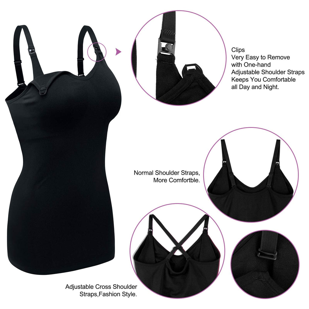 DAISITY Womens Nursing Tank Tops Cami for Breastfeeding Maternity Postpartum Tops Adjustable Straps Black/Grey