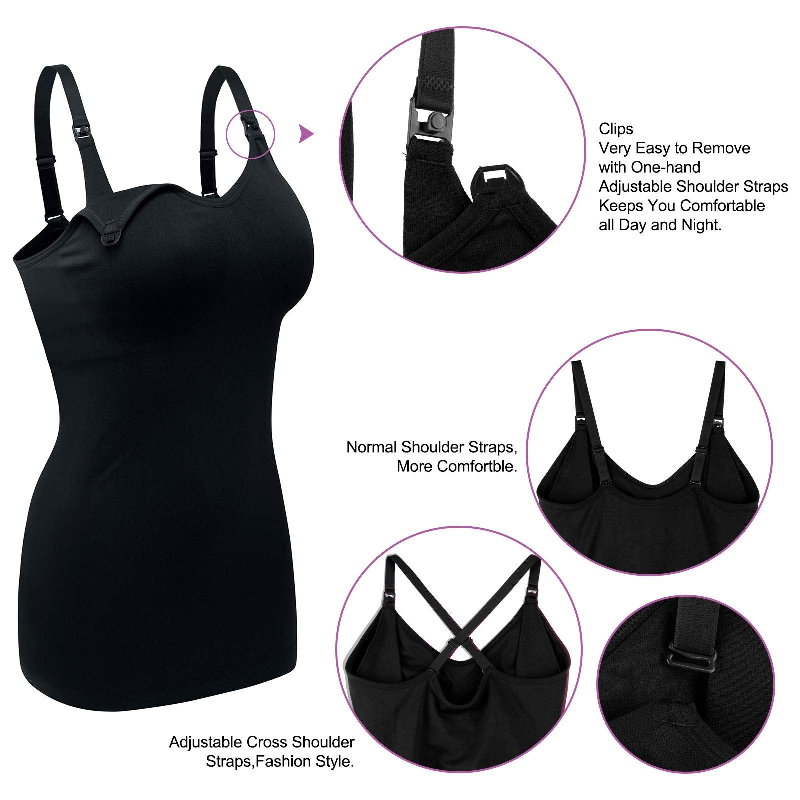 DAISITY Womens Nursing Tank Tops Cami for Breastfeeding Maternity Postpartum Tops Adjustable Straps Black/Grey
