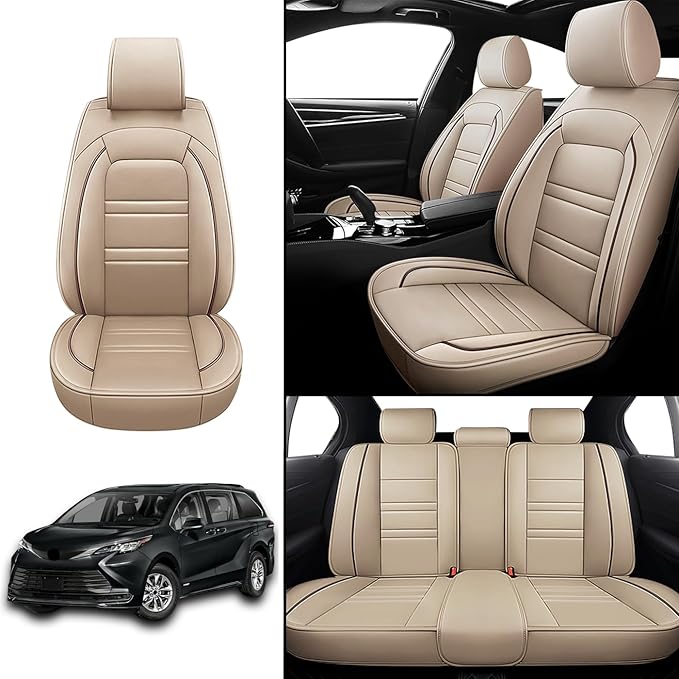 Seat Covers for Toyota Sienna 2004-2025 | 5-Seats Leather Seat Covers, Easy to Install Automotive Seat Covers Full Set (Full Set, Beige)