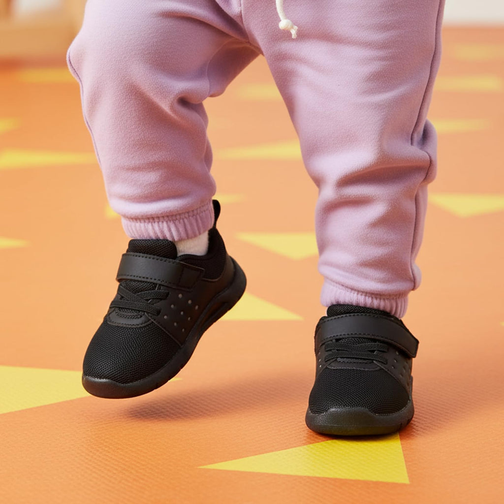 MORENDL Toddler Baby Shoes 0-4 Years Boy Girl Lightweight Breathable Non-Slip Sports Sneakers Running Walking Tennis Barefoot Shoes AllBlack 9-12Months