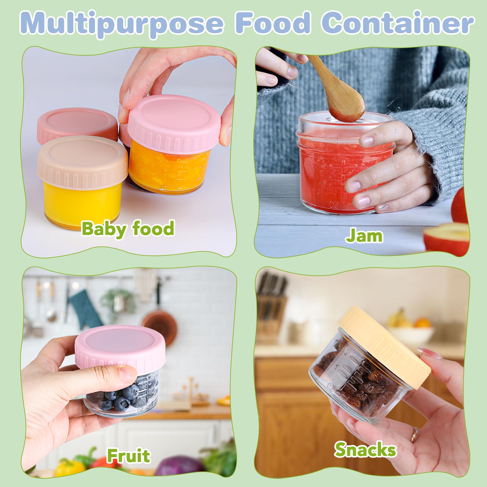 RowinsyDD 16 Pack Baby Food Containers, 4 oz Glass Baby Food Jars with Lids