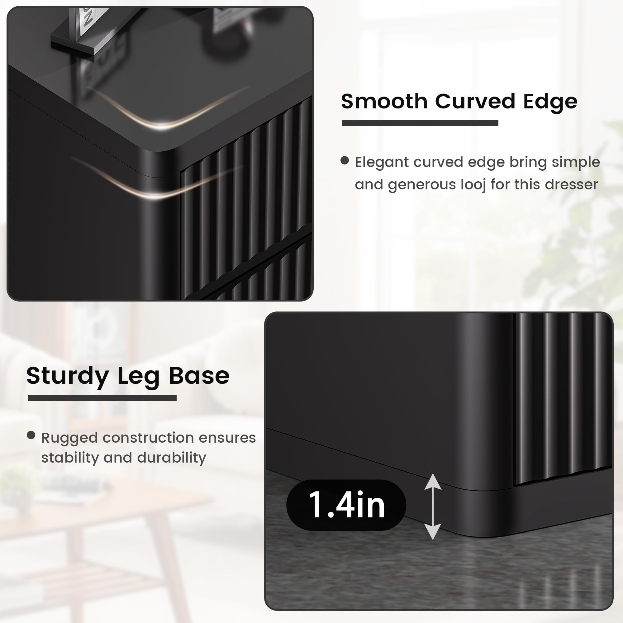 Standifurno Black Dresser for Bedroom, 8 Drawers Double Fluted Dressers, Modern Chest of Drawers with Curved Profile, Handleless, Storage Closet Dressers for Bedroom, Living Room, Entryways