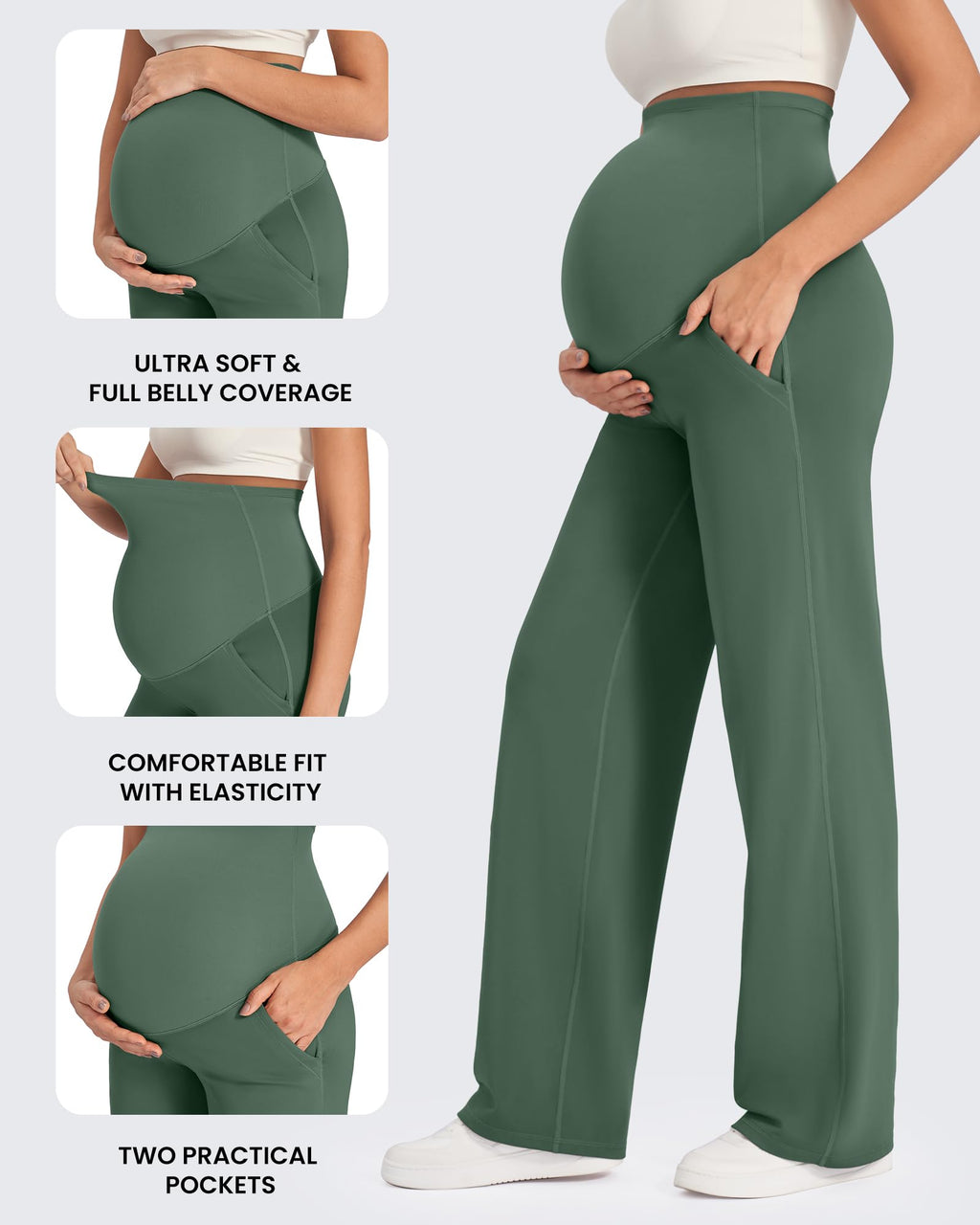 G4Free Maternity Work Pants with Pockets,Dark Forest Green,XL,Short