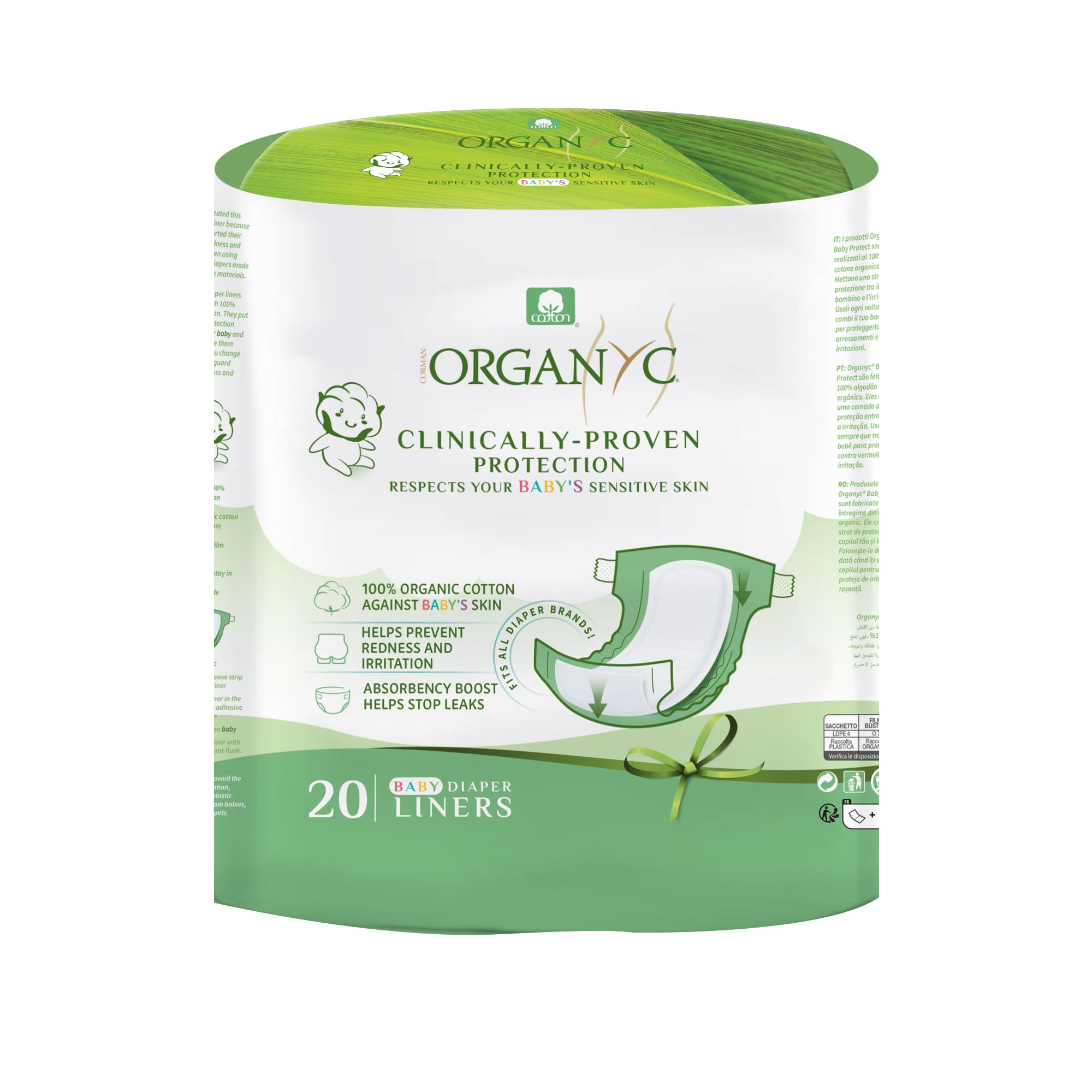 Organyc 100% Certified Organic Cotton Baby Diaper Liner for Sensitive Skin, Fits All Brands and Sizes Diapers Except New Born, 20 Count