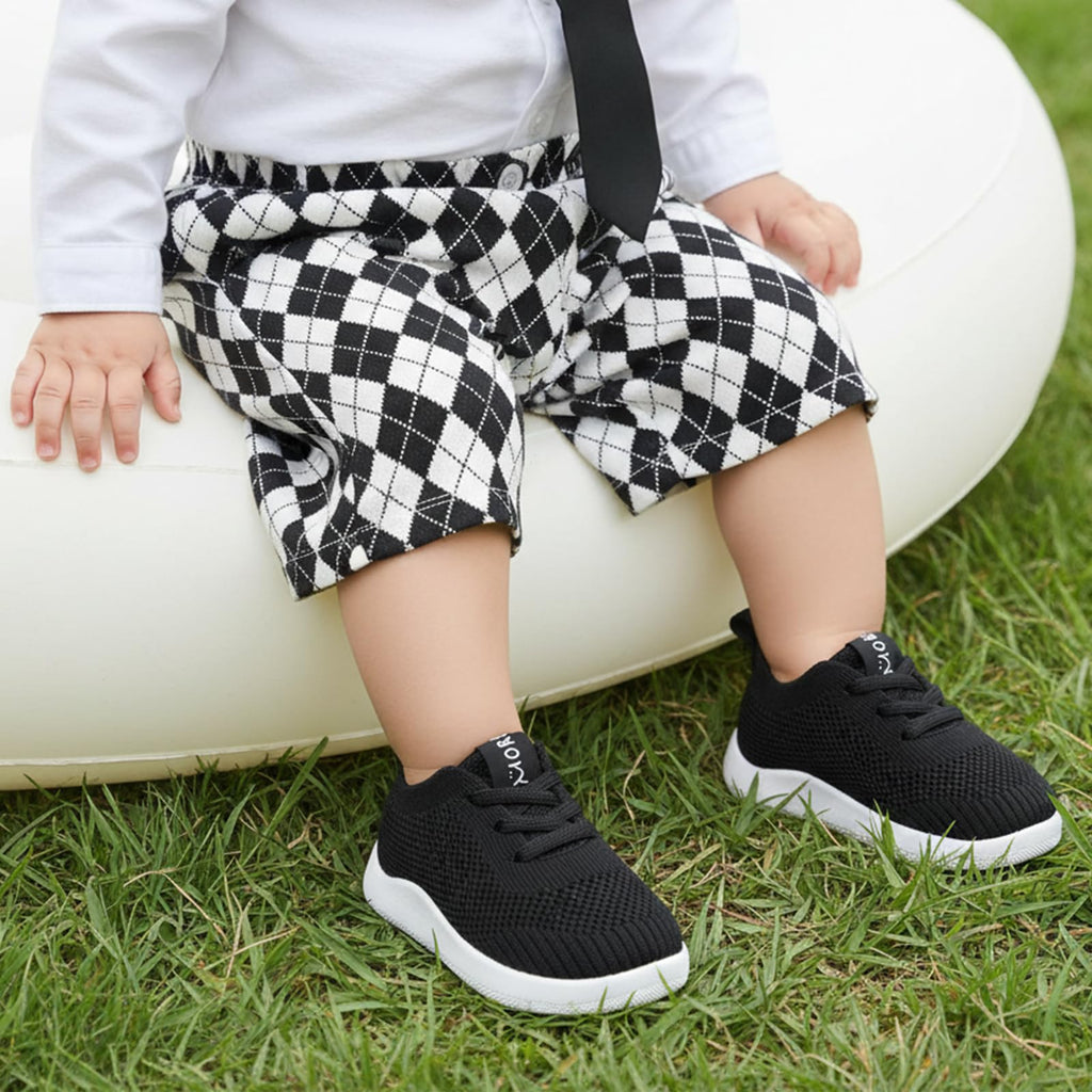 MORENDL Toddler Boy Shoes Baby First Wide Toe Barefoot Walking Shoes Girls Non-Slip Slip On Tennis Sneakers Black 9-12 Months