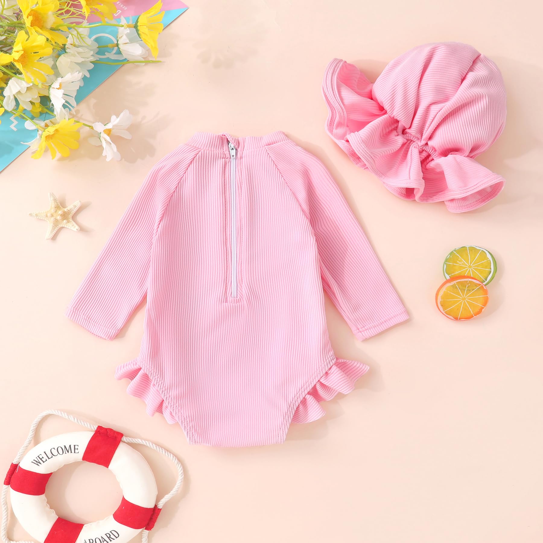 YOUNGER TREE Infant Baby Girls Swimsuit Long Sleeve One Piece Swimsuit Solid Color Bathing Suit with Hat, UPF 50+ (Pink, 18-24 Months)