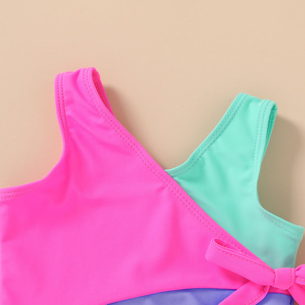 Happy Town Toddler Swimsuit Girl One Piece Bathing Suit Color Block Swimwear Baby Summer Beach Wear(3-4T, Green Pink Purple)