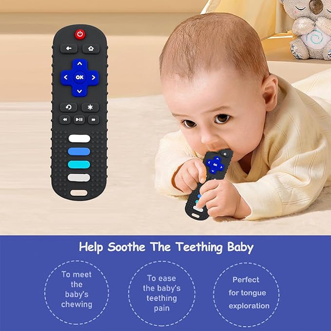 Baby Teething Toys, Food Grade Silicone Teether for Babies 3 6 12 18 Months, TV Remote Shape Toddlers Chew Toys, Freezer BPA Free (Purple+Khaki)