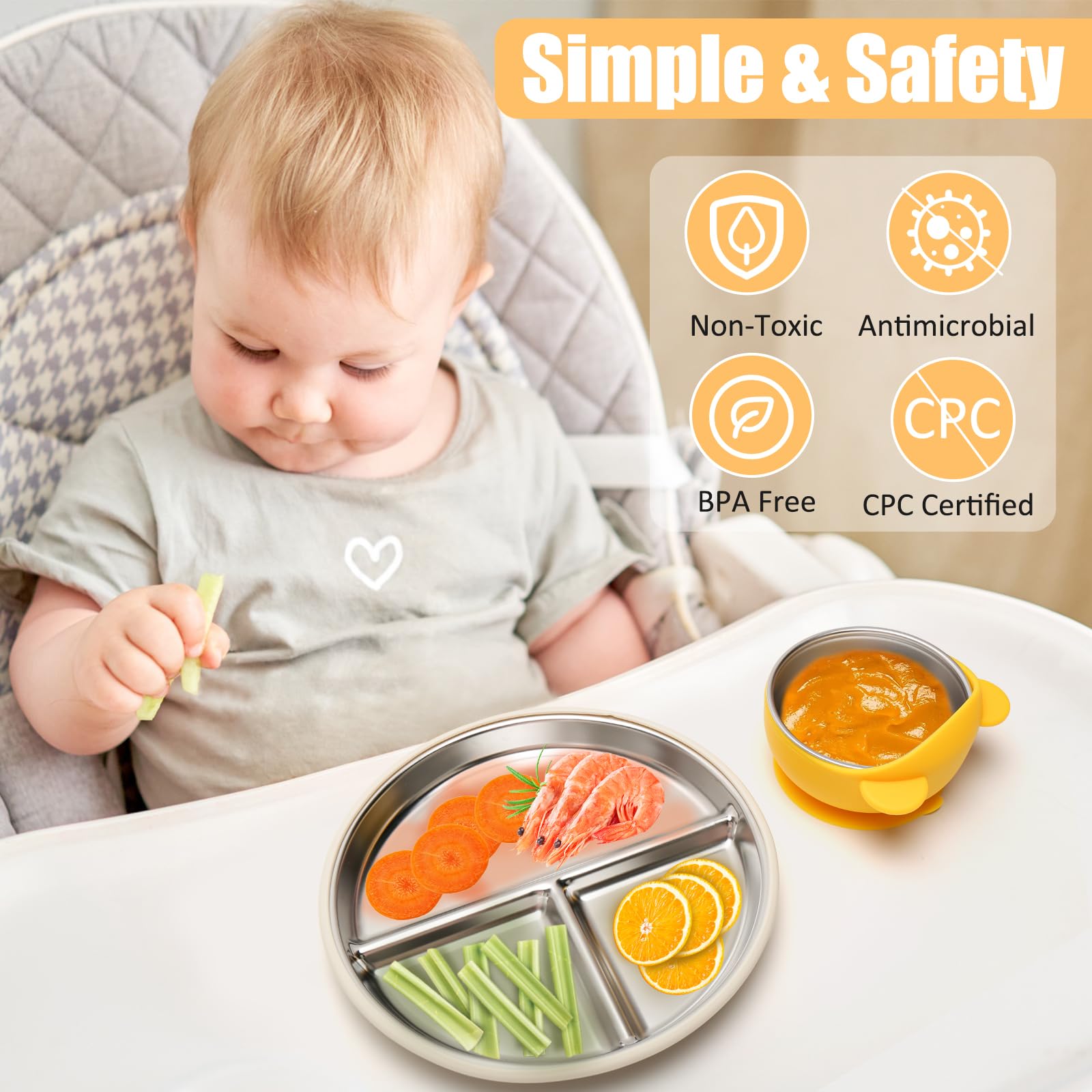 MISSLILI Stainless Steel Baby Plate and Bowls with Suction - 4 Packs