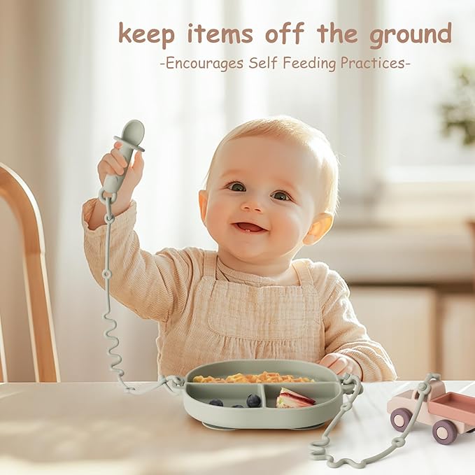 Baby Plates with Suction Silicone Baby Spoons Divided Baby Plates Silicone Baby Safety Toy Straps Baby Bottle Bungees Baby Feeding Set All-in-one-Sage