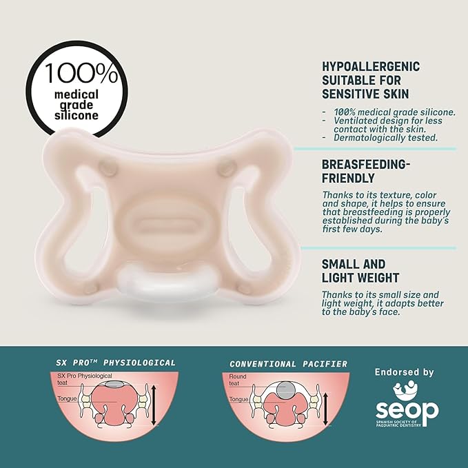 Suavinex Zero Zero Silicone Baby Pacifier w/SX Pro Physiological Pacifier Nipple (6-18M), 2Pk, Light