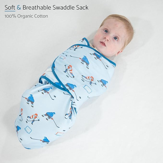 LollyBanks Baby Swaddle, 100% Organic Cotton Newborn Boy Swaddle Sack 3-6 Months, Newborn Baby Swaddle Blanket Wrap with Easy Change Zipper, Baby Registry Must Haves (Ice Hockey)