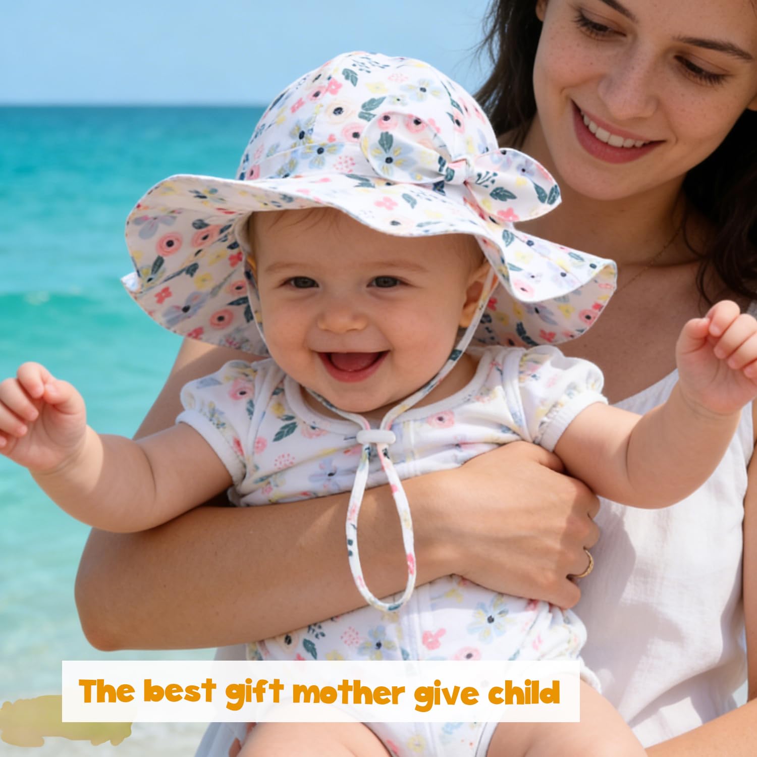 Baby Girl Sun Hat with UPF 50+ Outdoor Adjustable Beach Hat with Wide Brim Bucket Hats (6-12 Months, Pink Printing & White Printing -2pcs)