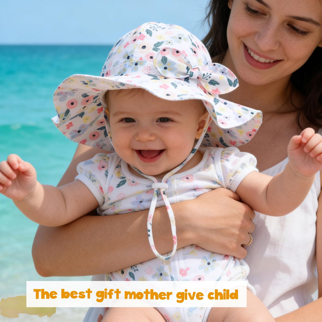 Baby Girl Sun Hat with UPF 50+ Outdoor Adjustable Beach Hat with Wide Brim Bucket Hats (6-12 Months, Pink-Blue Printing)