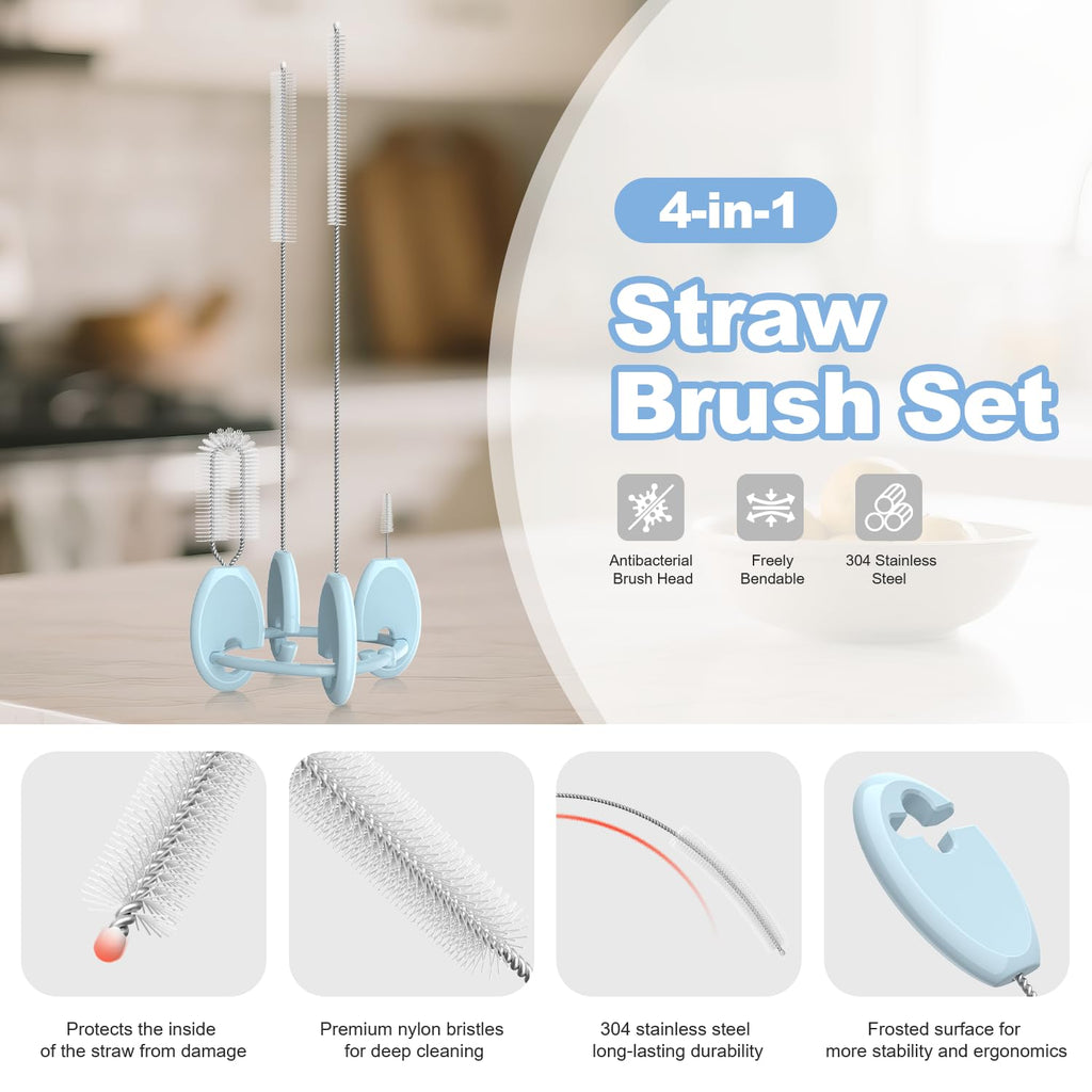 YOTIME 4in1 Straw Cleaner Brush Set, Reusable Standing Straw Brushs with Holder Ring, for Wide and Narrow Straws, Tumblers, Water Bottles and Cups, Blue