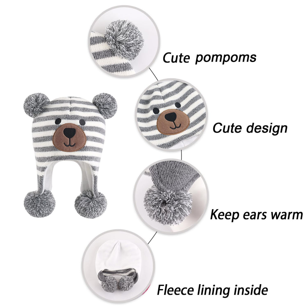 LANGZHEN Toddler Kids Infant Winter Hat,Earflap Knit Warm Cap Fleece Lined Beanie for Baby Boys Girls (Bear -Grey White Stripe, 2-4 T)