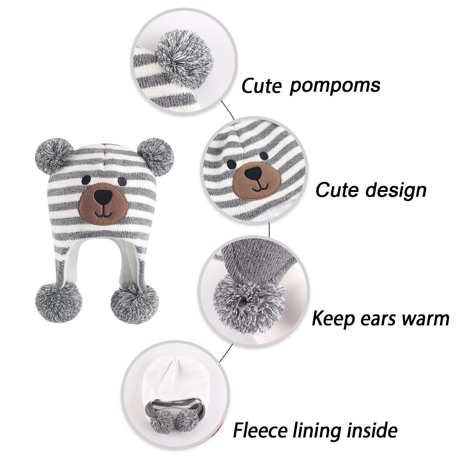 LANGZHEN Toddler Kids Infant Winter Hat,Earflap Knit Warm Cap Fleece Lined Beanie for Baby Boys Girls (Bear -Grey White Stripe, 2-4 T)