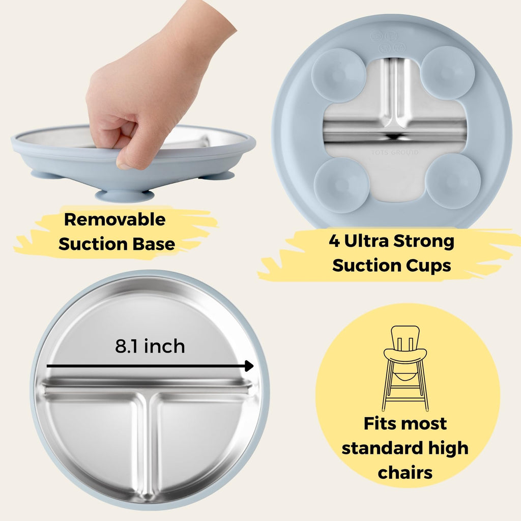 TOTS GROUND Stainless Steel Toddler Feeding Set 4 Pieces – Suction Plate, Silicone Bib, Spoon & Fork – Divided Plates for Baby Led Weaning, BPA-Free, Removable Shell (Baby Blue)