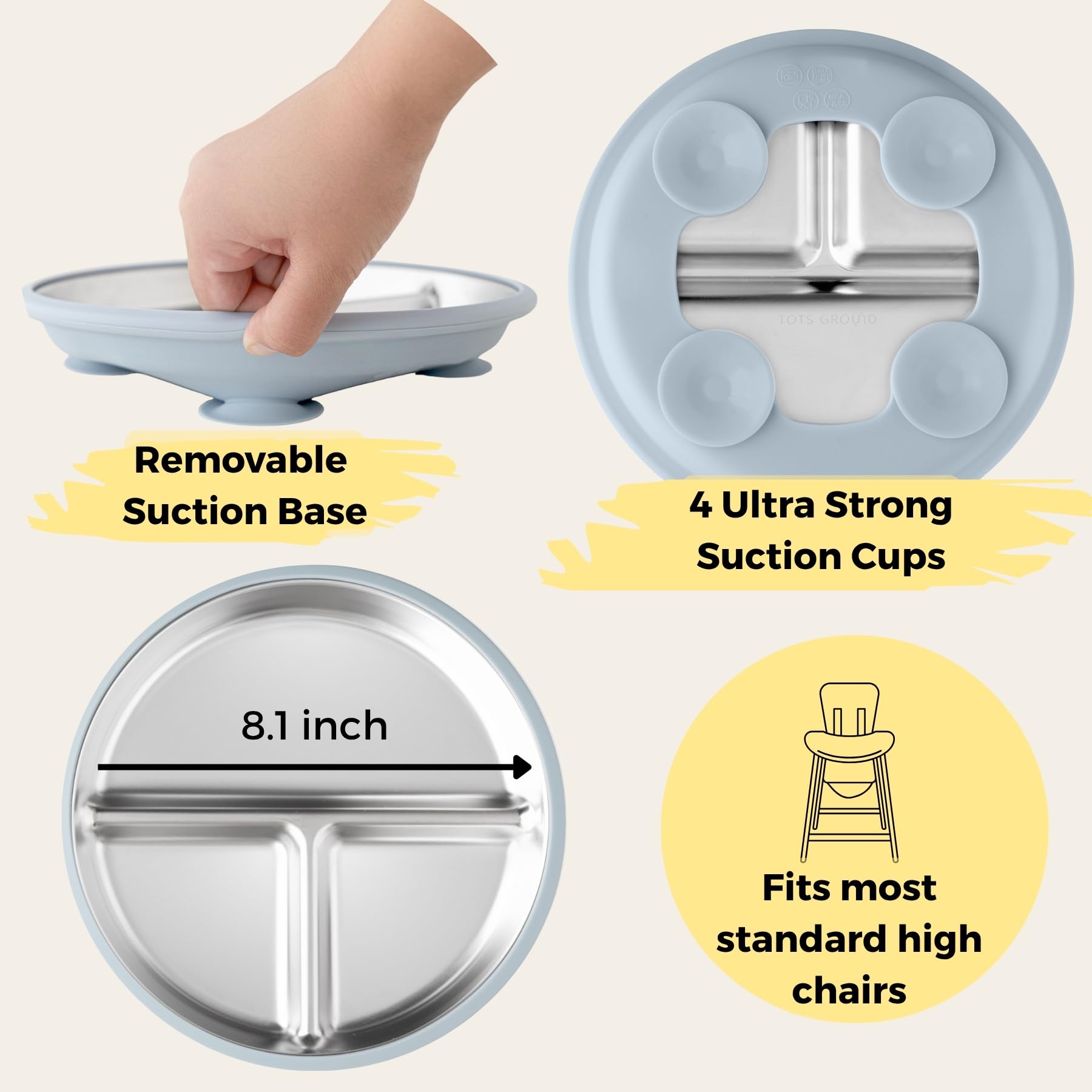 TOTS GROUND Stainless Steel Toddler Feeding Set 4 Pieces – Suction Plate, Silicone Bib, Spoon & Fork – Divided Plates for Baby Led Weaning, BPA-Free, Removable Shell (Baby Blue)