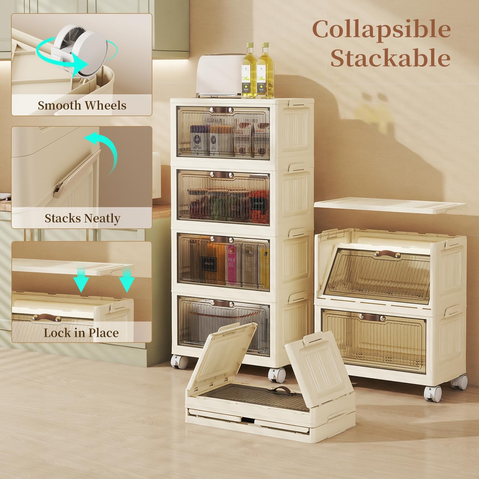 5 Tier - 34QT Storage Bins with Lids, Collapsible Storage Bins with Doors and Wheels, Plastic Storage Cabinet for Easy Storage and Organization for Living Room, Office
