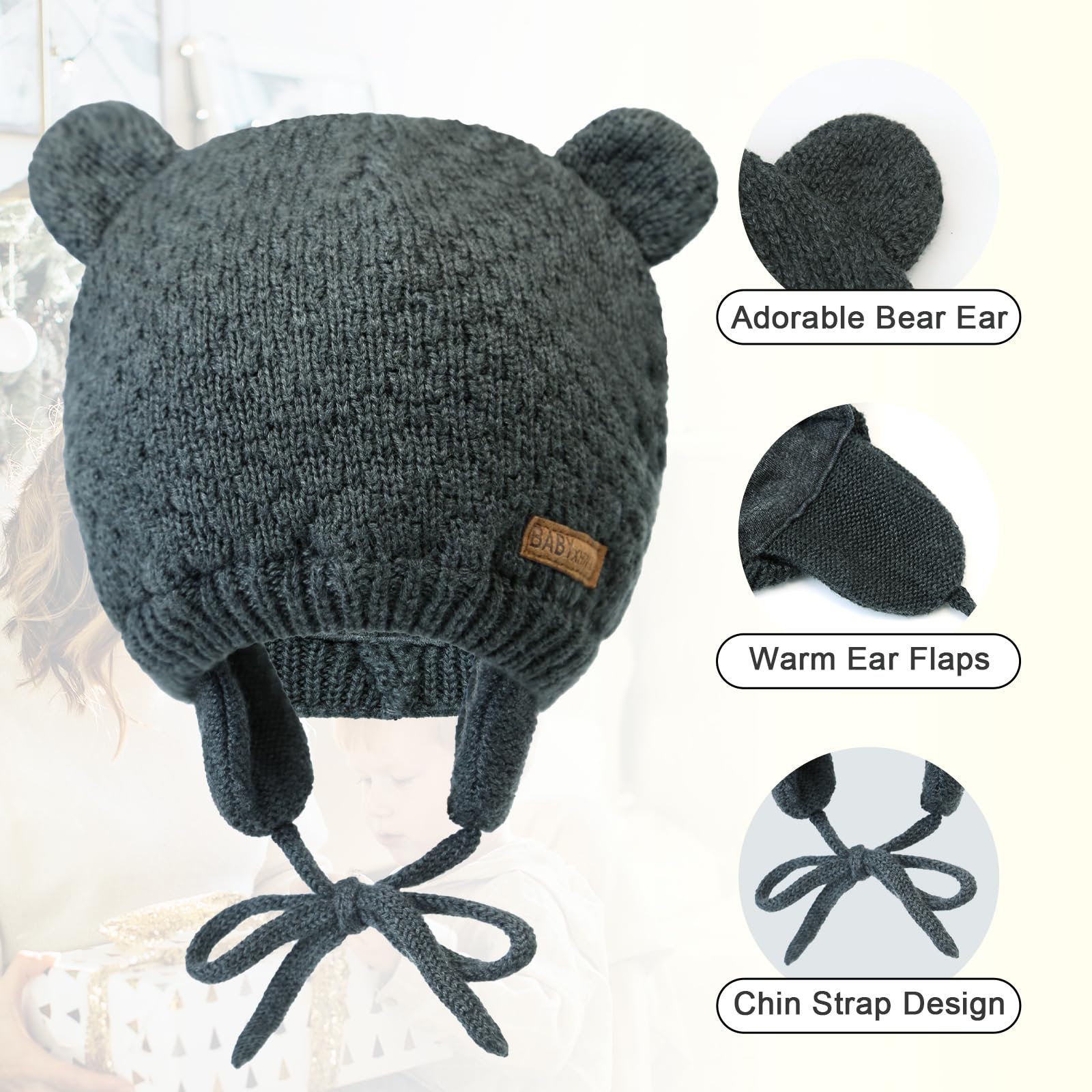 XIAOHAWANG Baby Hat Cute Bear Toddler Earflap Beanie Warm for Fall Winter (A-Set Grey 2 +Grey, 6-12 Months)