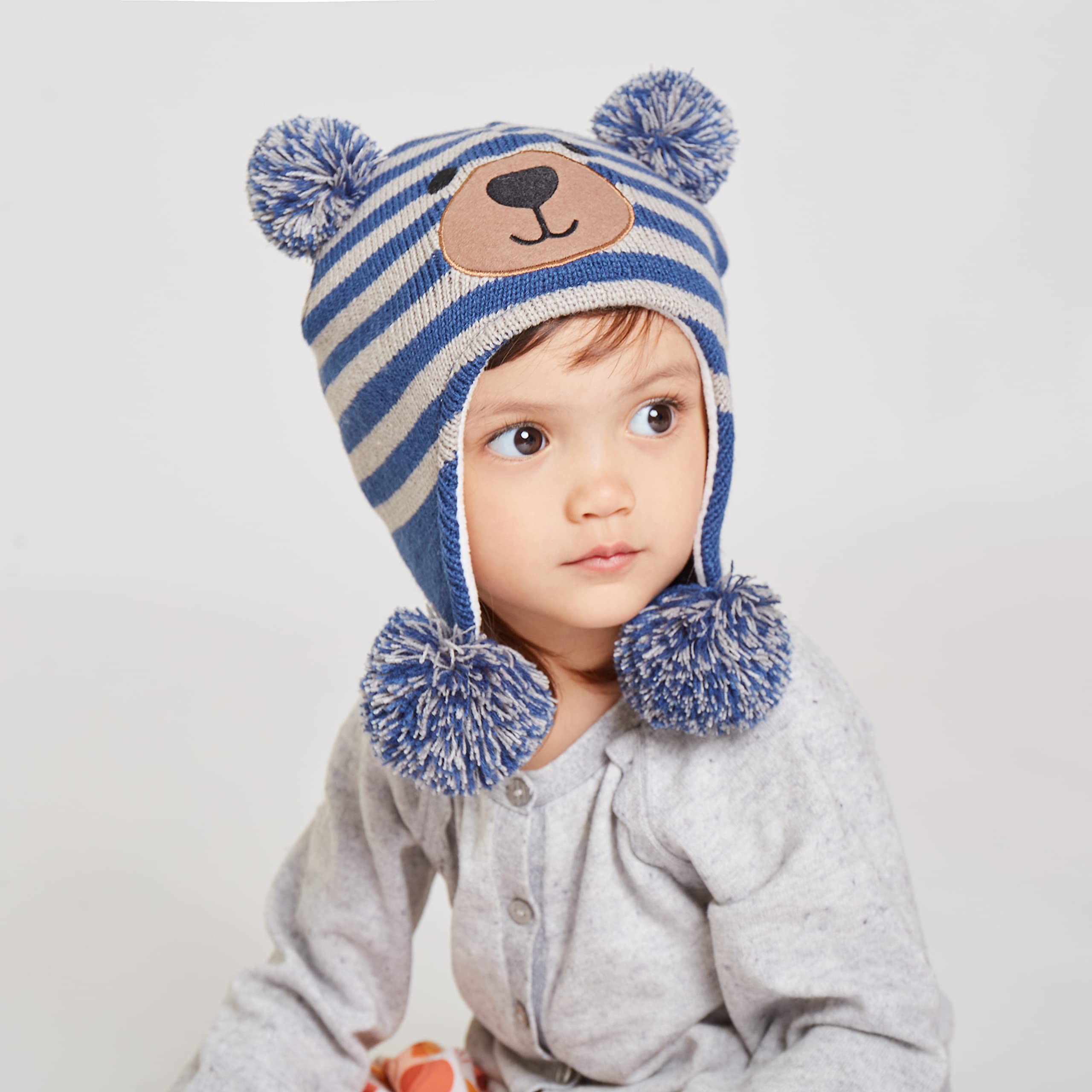 LANGZHEN Toddler Kids Infant Winter Hat,Earflap Knit Warm Cap Fleece Lined Beanie for Baby Boys Girls (Bear-Blue+Grey, 12-24 Months)