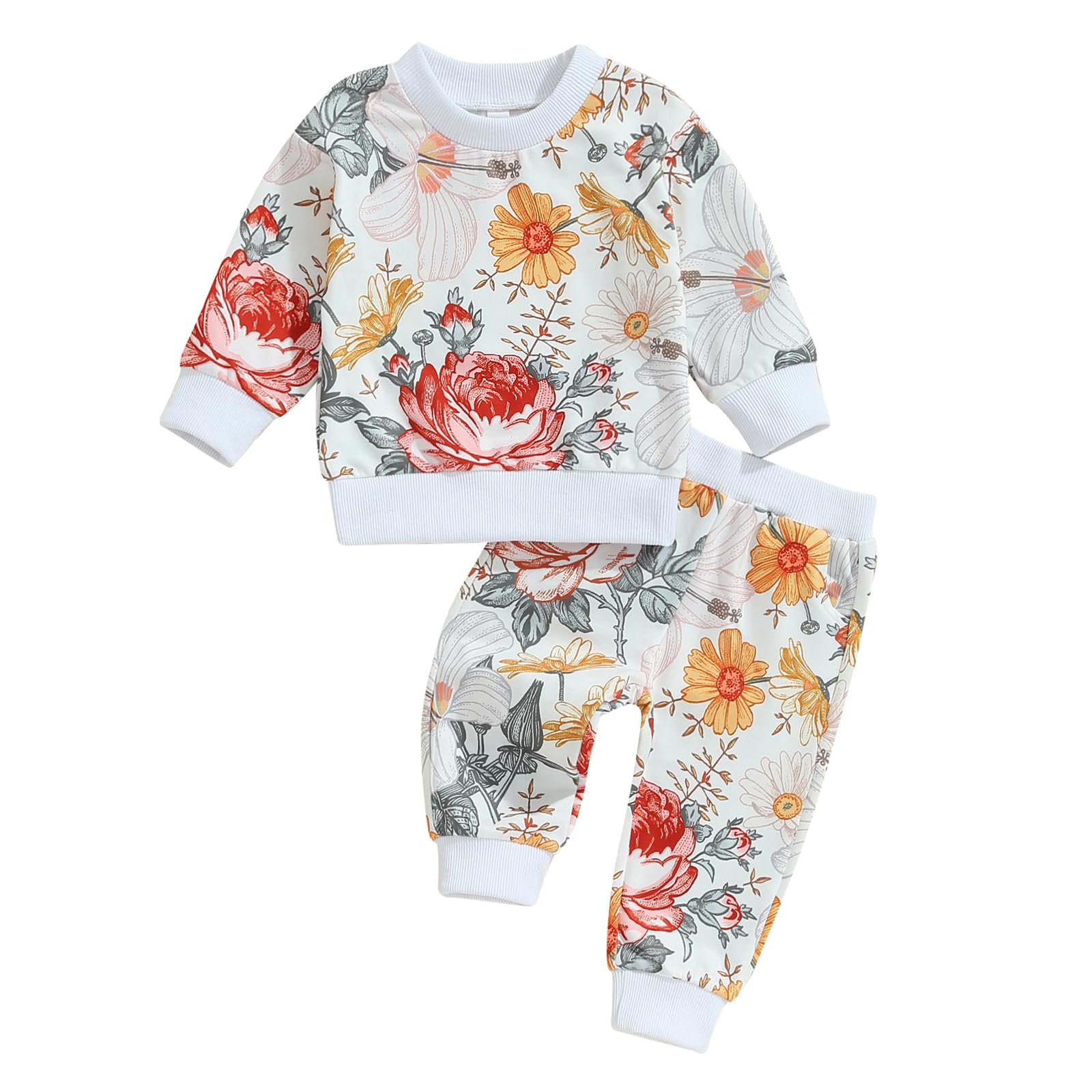 Fernvia Toddler Baby Girl Clothes 3 6 9 12 18 24 Months Fall Outfits Solid Long Sleeve Sweatshirt Tops + Pants Set (White-floral, 2-3 Years)