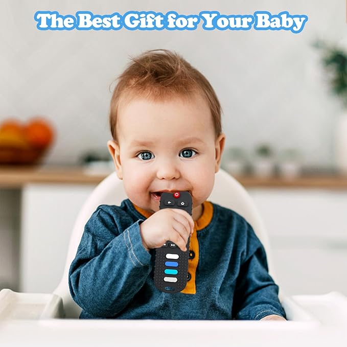 Baby Teething Toys, Food Grade Silicone Teether for Babies 3 6 12 18 Months, TV Remote Shape Toddlers Chew Toys, Freezer BPA Free (Blue+Beige)