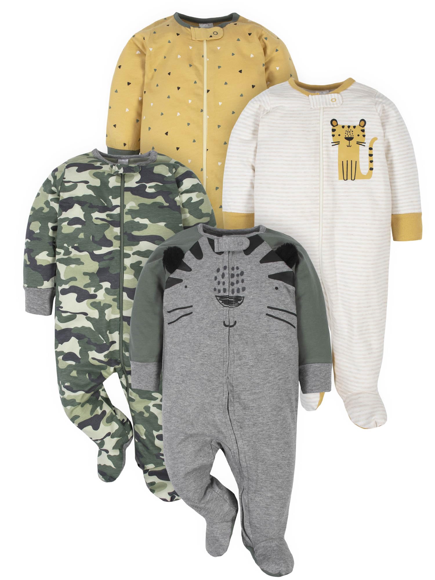Gerber Baby Boys 4 Pack 'N Play Footie And Toddler Sleepers, Tiger Grey, Newborn US