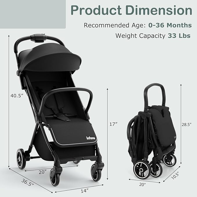 INFANS Lightweight Baby Stroller, Ultra-Compact Fold Airplane Ready Travel Stroller, One-Hand Gravity Fold Near Flat Recline Seat, Foldable Toddler for Infant 0-36 Month