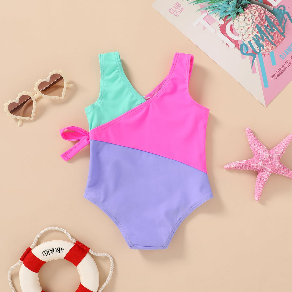 Happy Town Toddler Swimsuit Girl One Piece Bathing Suit Color Block Swimwear Baby Summer Beach Wear(18-24 Months, Green Pink Purple)