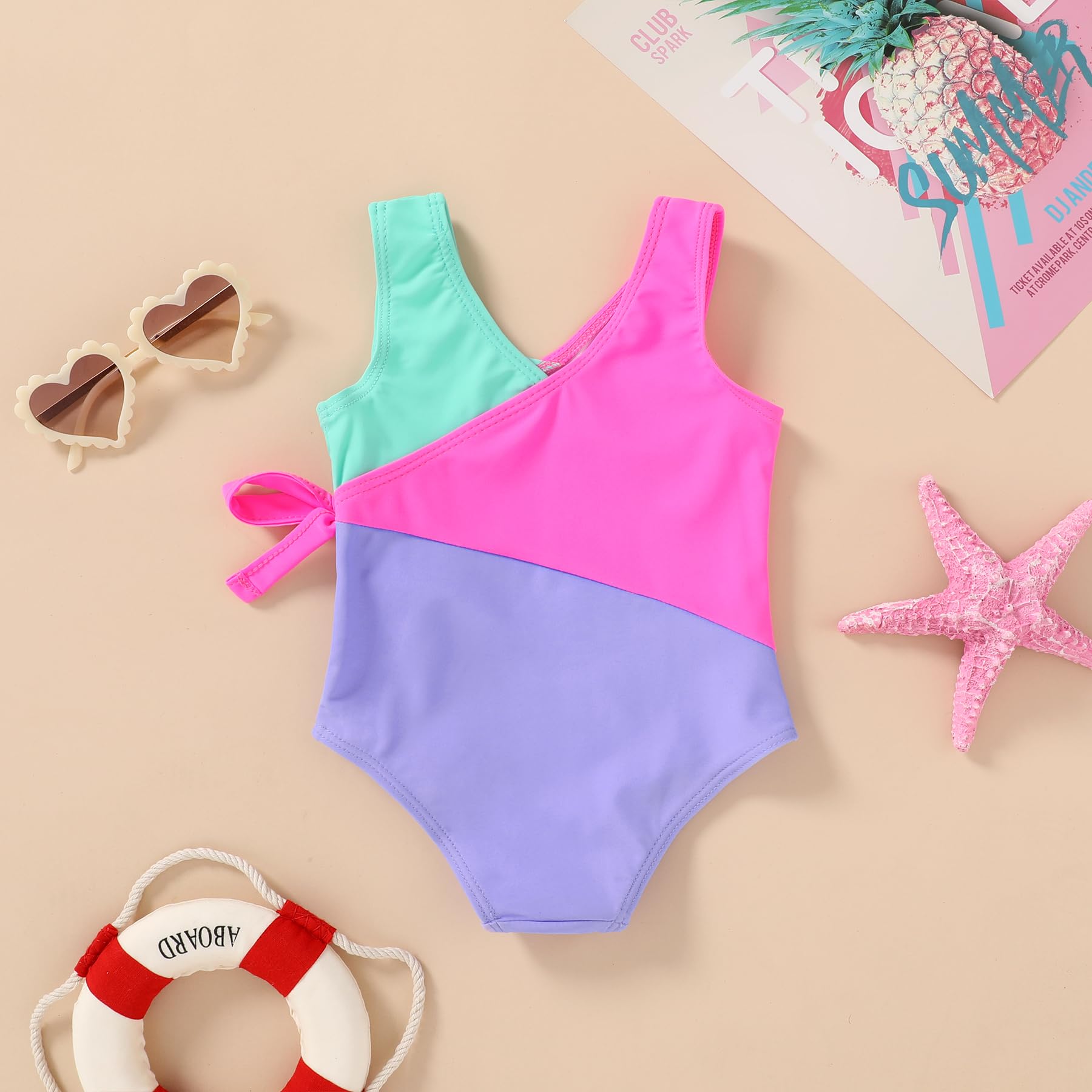 Happy Town Toddler Swimsuit Girl One Piece Bathing Suit Color Block Swimwear Baby Summer Beach Wear(3-4T, Green Pink Purple)