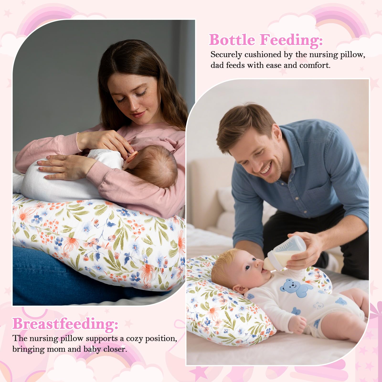 LLCJYYCY Nursing Pillow - Breastfeeding Pillow with Breathable Filling & Removable Cover, Ergonomic Support for Breastfeeding & Bottle (Green Leaf,0-12 Months)