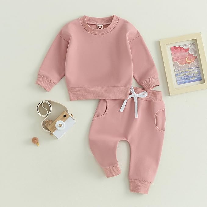 Fernvia Toddler Baby Girl Clothes 3 6 9 12 18 24 Months Fall Outfits Solid Long Sleeve Sweatshirt Tops + Pants Set