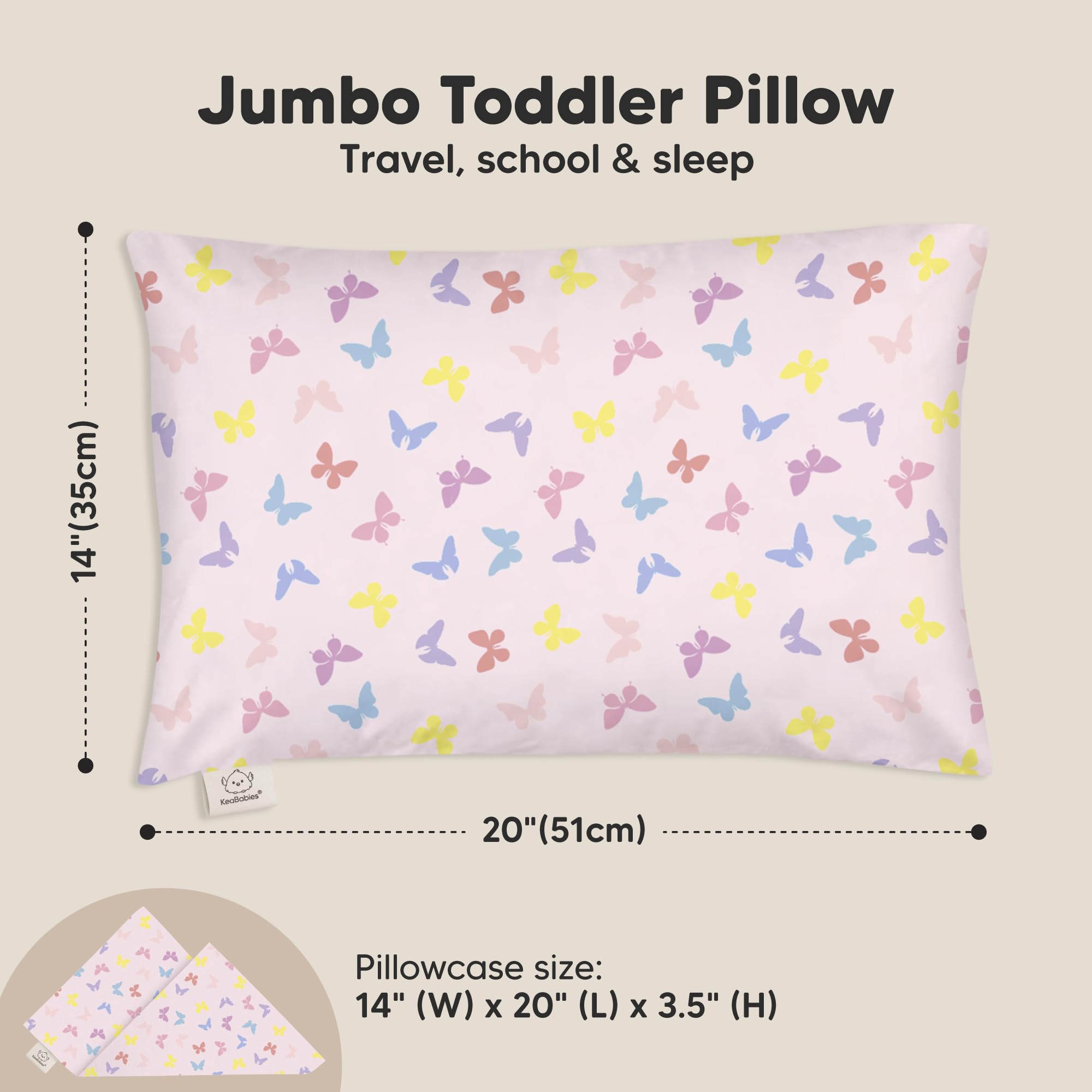 KeaBabies Organic Toddler Pillow with Pillowcase, Jumbo 14X20 (Flutter)