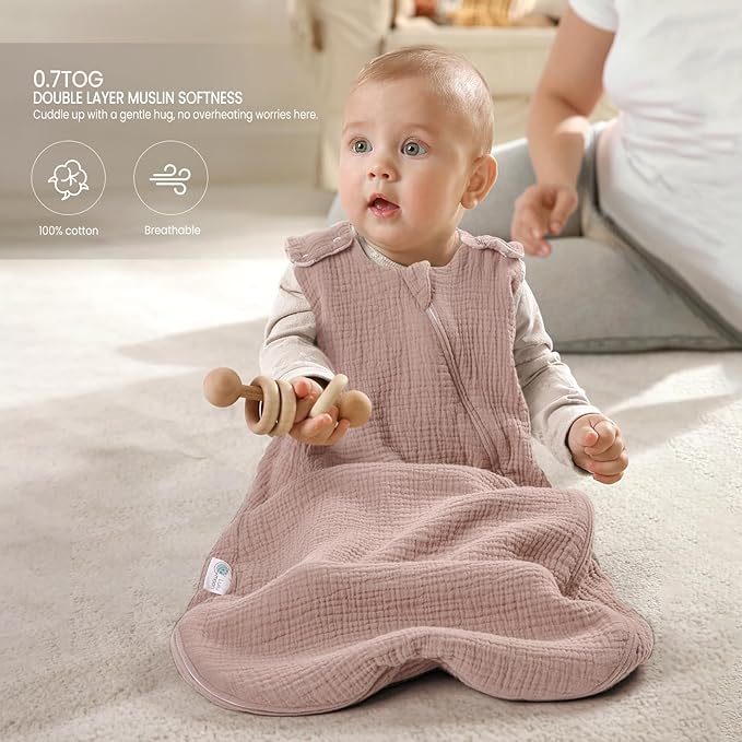 lulumoon Sleep Sack Muslin for Baby: Cotton Wearable Blanket - Soft Lightweight Ideal for Nursery Lounge Nighttime Naptime (1, sanddaisy, XS)