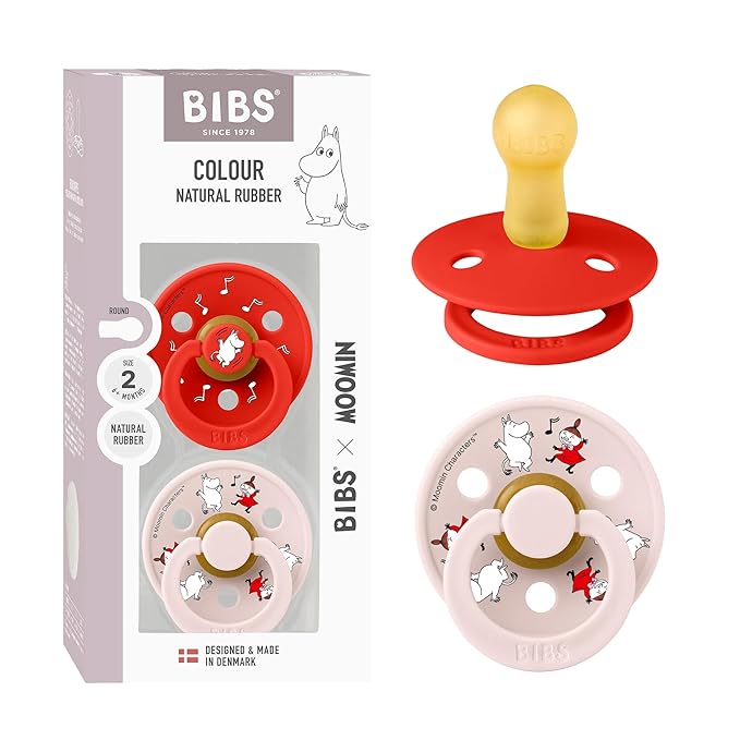 BIBS Colour Moomins Pacifier 2-Pack, BPA Free Pacifier, Round Nipple. Natural Rubber Latex, Made in Denmark, Size 2 (6-18 Months), Candy Apple/Petal