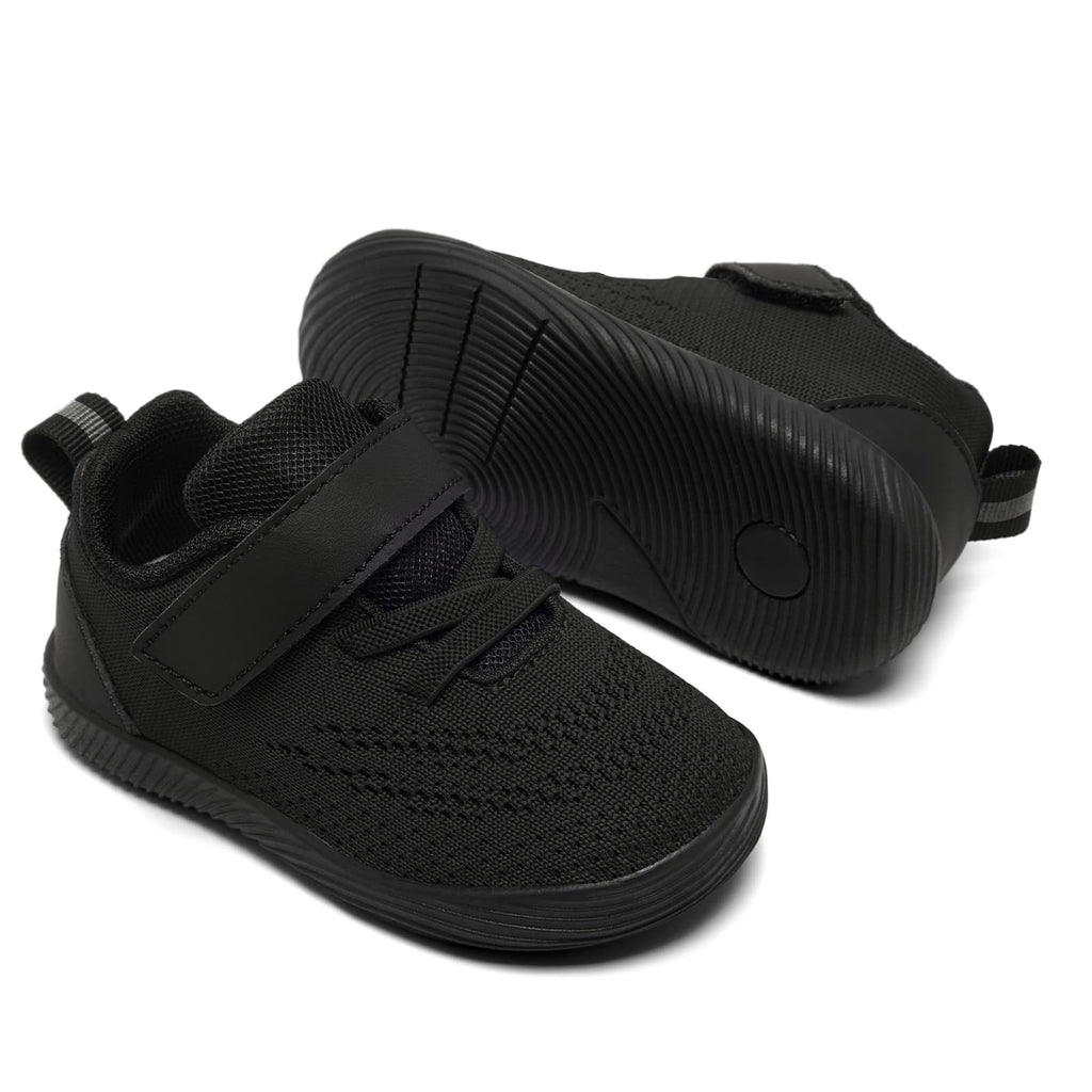 MORENDL Toddler Sneakers Baby Boys & Girls Barefoot Shoes Lightweight Breathable Walking Running Tennis Athletic Sport Shoes Black 15-18 Months Size 6