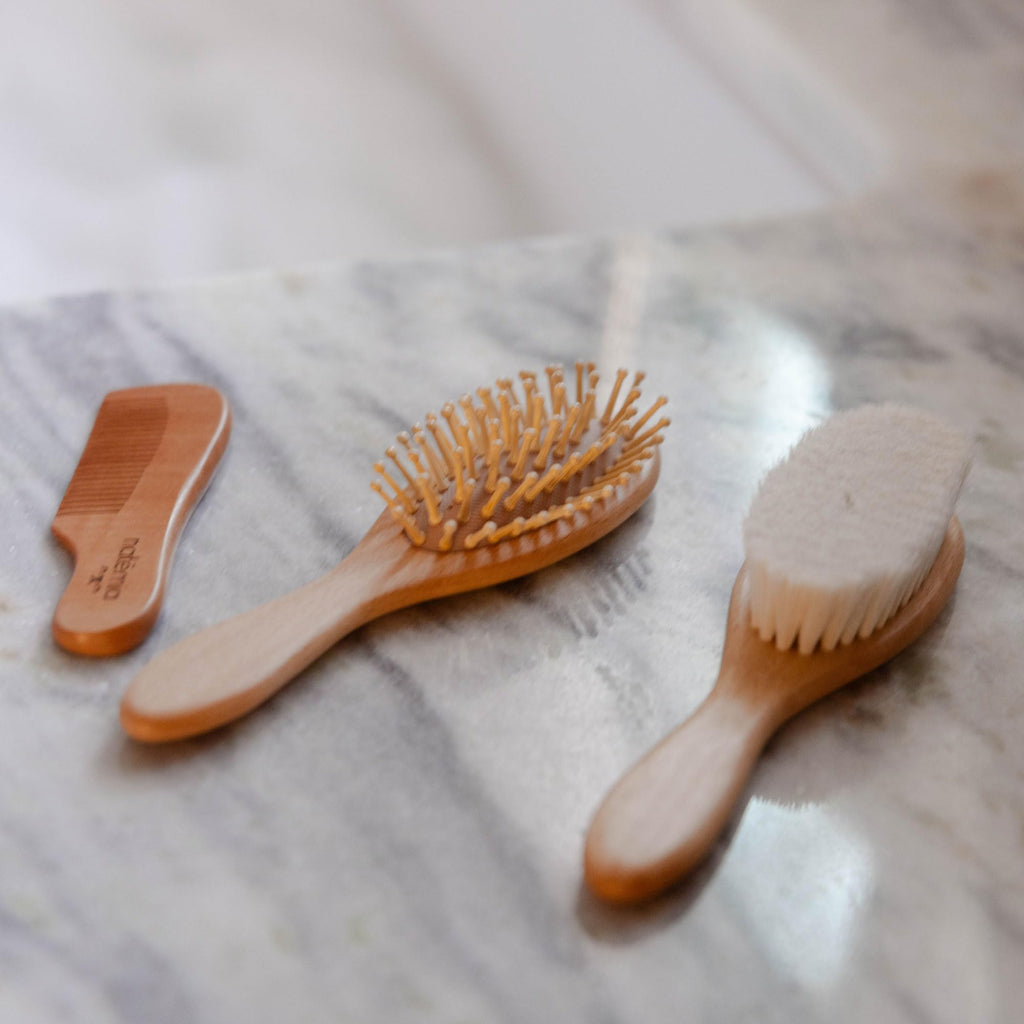 Natemia Wooden Baby Hair Brush & Comb Set - Natural Goat Hair Bristles & Soft Bristle Brush - Gentle Scalp Massage & Cradle Cap Comb - For Newborns & Toddlers, Baby Grooming Kit