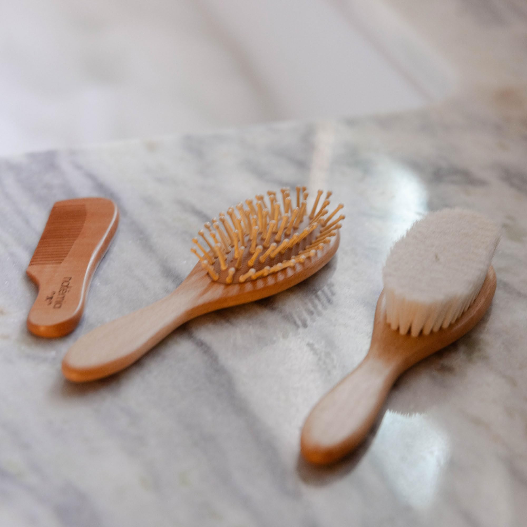 Natemia Wooden Baby Hair Brush & Comb Set - Natural Goat Hair Bristles & Soft Bristle Brush - Gentle Scalp Massage & Cradle Cap Comb - For Newborns & Toddlers, Baby Grooming Kit
