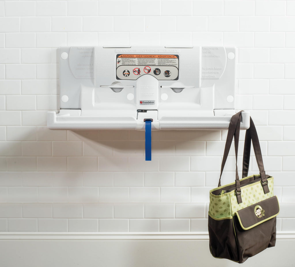 Foundations Classic Horizontal Baby Changing Station w/EZ Mount Backer Plate, Wall Mounted, One Handed Adjustable Safety Strap & Liner Dispenser, Gray (100-EH-BP)