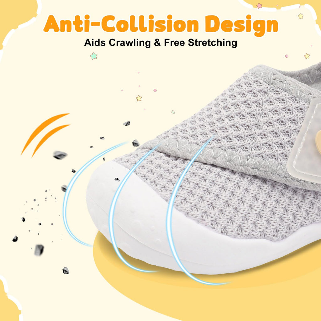 FEETCITY Baby First Walker Shoes Boys Girls Wide Infant Shoes Barefoot Baby Sneakers Newborn Crib Shoe Flexible Infant Shoe Grey