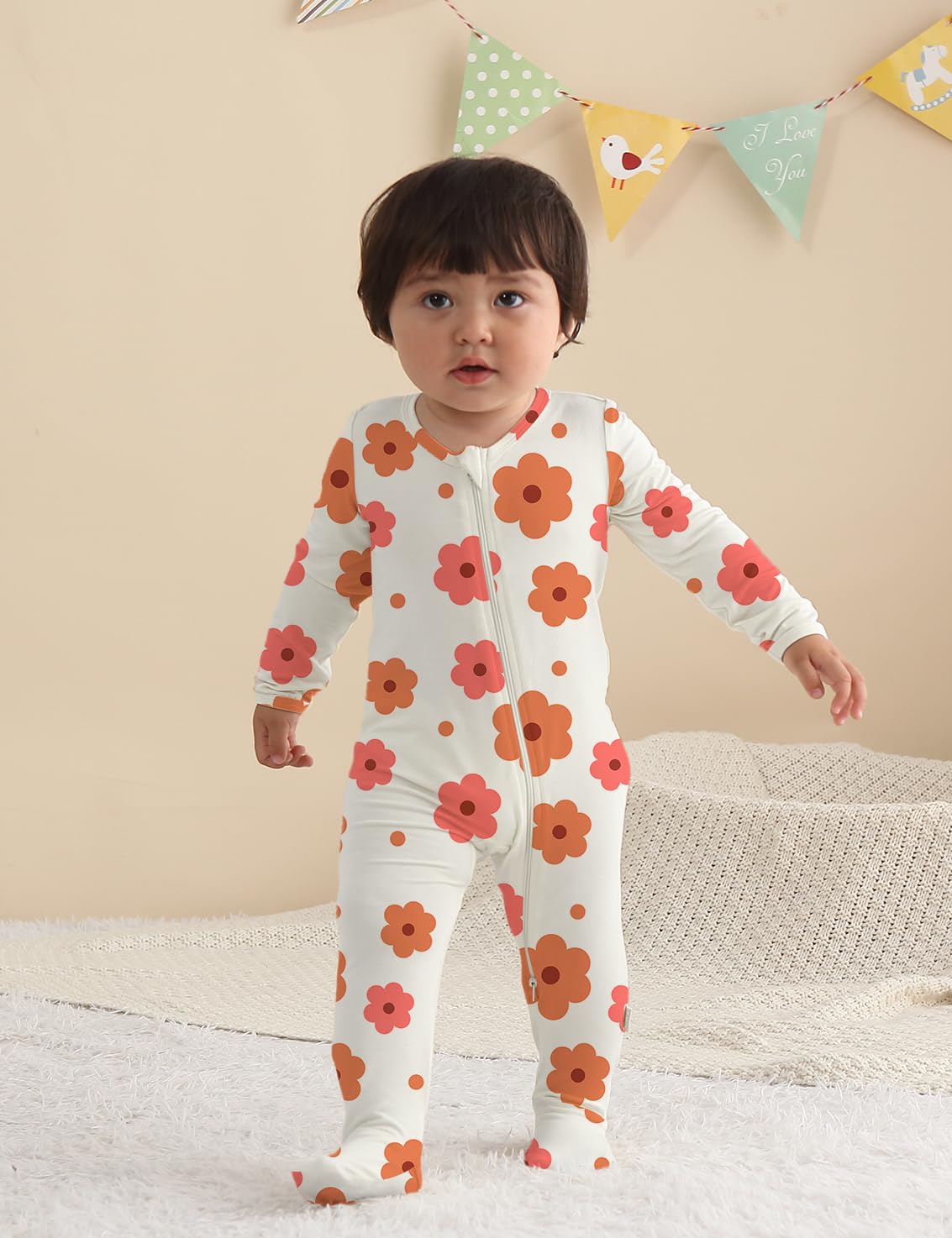 Jimonda Baby Girls Boys Bamboo Rayon Pajamas,Footed Pjs(Flower&Pink,0-3 M)