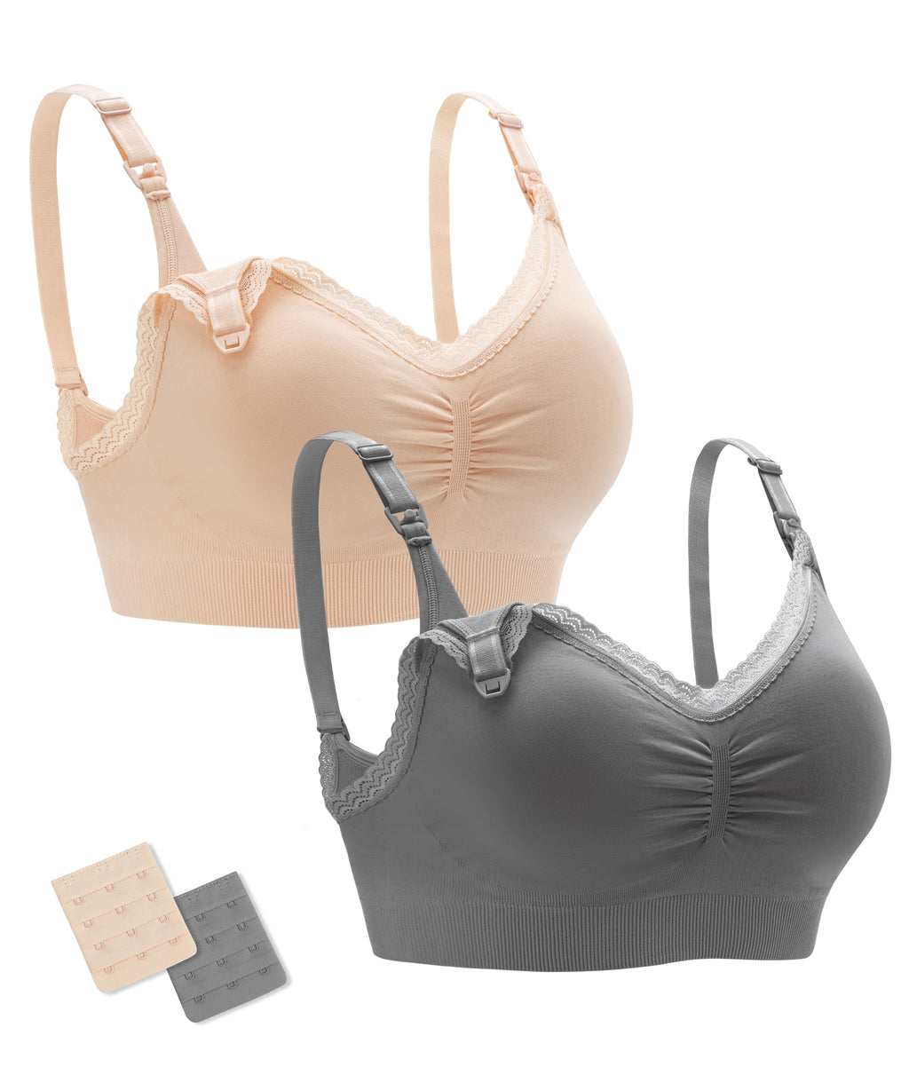 Stelle Lace Nursing Bras for Breastfeeding Seamless Pregnancy Maternity Wireless Bralette with Pads, Extenders(Gray+Beige,S)