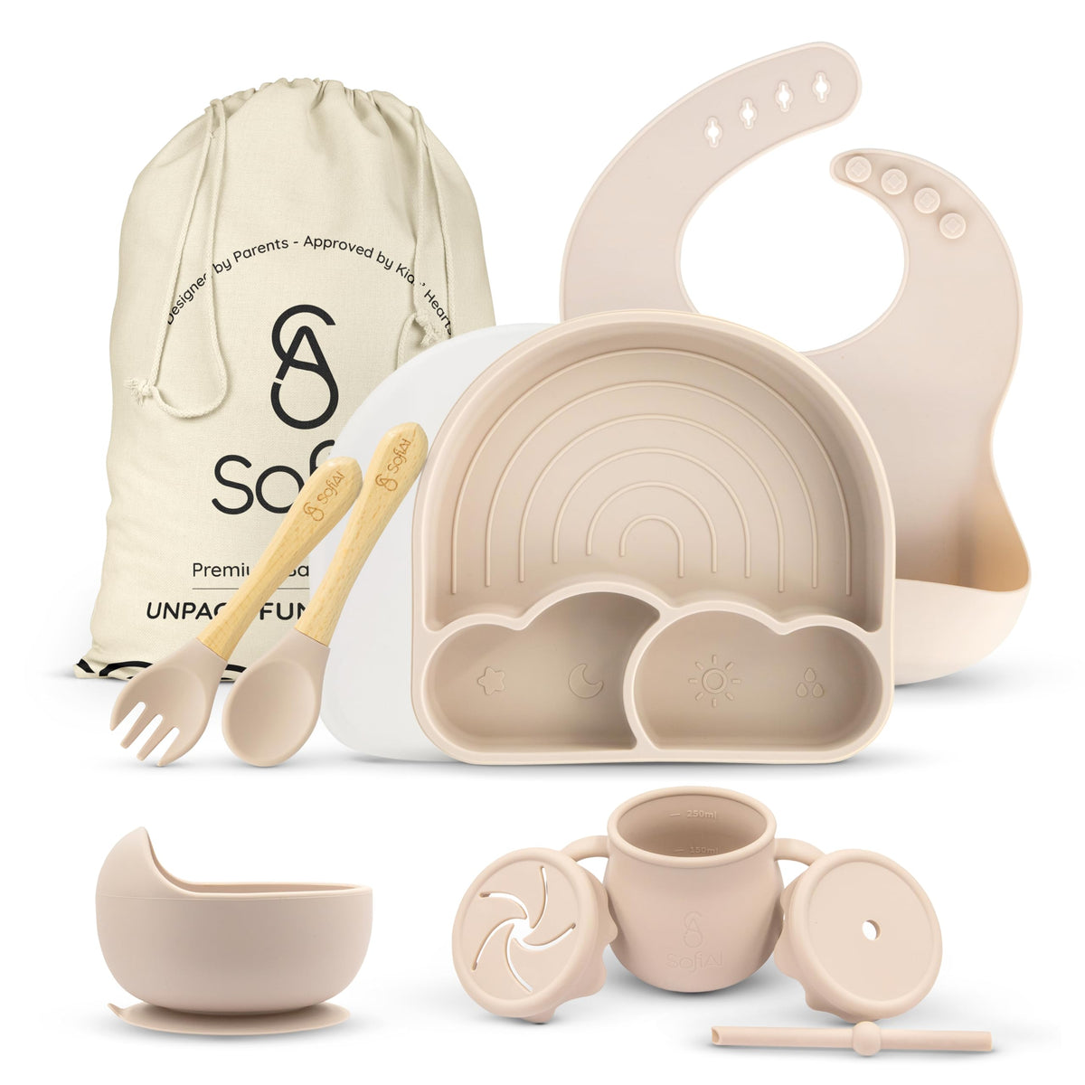 SofiAl BPA-Free Non-Toxic Silicone Baby Feeding Set – Suction Plate, Bowl, Bib & Cup – 11-Piece Baby Led Weaning Set for Ages 6-18 Months – Eco Gift Bag (Rose Pink)
