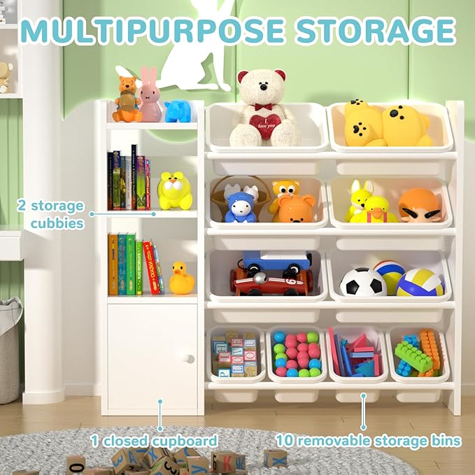 Toy Storage Organizer with 3 Shelves 1Lockers and 10 Bins, Toy Organizers Storage Bookshelf, Kids Bin Shelf Toys Box Bookcase for Bedroom Playroom Organization Room Decor - 100% Solid Wood