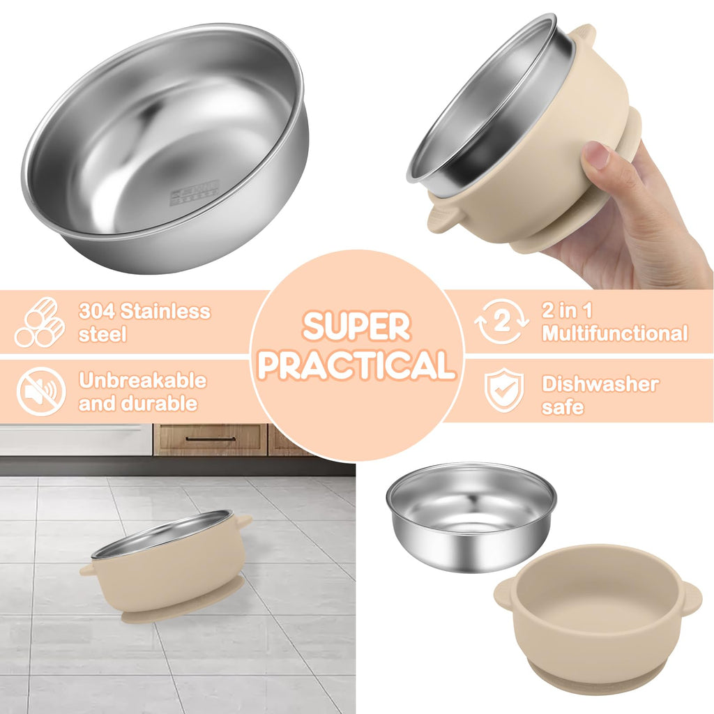 Wesketch 4 Pack Stainless Steel Baby Bowls with Removable Non-Slip Silicone Suction Shell, Anti Scald Food Container for Baby Food Feeding-Skyblue/Gray/Red/Cream